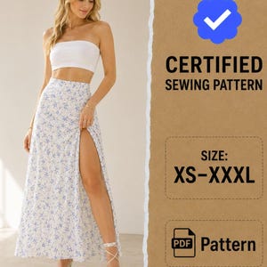 Puede incluir: Un top tipo banda blanco y una falda blanca hasta el suelo con estampado floral azul y una abertura lateral alta. La imagen incluye el texto: CERTIFIED SEWING PATTERN, SIZE: XS-XXXL y PDF Pattern. El diseño se presenta como un patrón de costura digital.