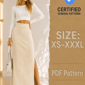 May include: A long, cream-colored, ribbed maxi skirt with a high side slit, paired with a white long-sleeved crop top. The image includes text stating CERTIFIED SEWING PATTERN, SIZE: XS-XXXL, and PDF Pattern on a brown background.