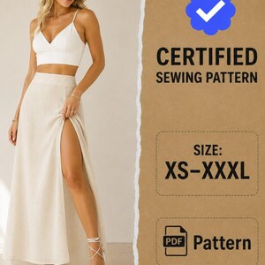 May include: A white crop top and a long beige skirt with a high side slit. The image includes text that reads: CERTIFIED SEWING PATTERN, SIZE: XS-XXXL, and PDF Pattern. The design is presented as a digital sewing pattern for various sizes.