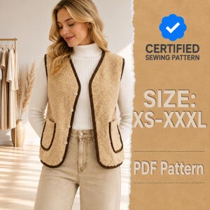 Peut inclure: Un gilet en polaire sherpa beige avec des bordures marron foncé, une fermeture boutonnée et deux poches plaquées. L'image contient le texte CERTIFIED SEWING PATTERN, SIZE: XS-XXXL et PDF Pattern, indiquant un patron de couture numérique.