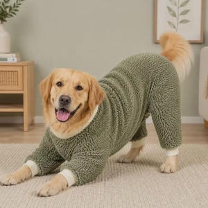Peut inclure: Un golden retriever portant une combinaison en polaire sherpa vert olive à manches longues, dotée de poignets côtelés couleur crème au niveau du cou et des pattes. Le vêtement texturé et duveteux couvre le torse et les quatre pattes du chien.