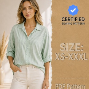 Puede incluir: Una camisa abotonada de color verde claro con rayas verticales blancas, cuello y mangas largas con puños. La imagen incluye el texto CERTIFIED SEWING PATTERN, SIZE: XS-XXXL y PDF Pattern, con un icono de marca de verificación azul sobre fondo marrón.