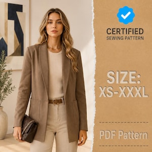 May include: A taupe blazer with a shawl collar and two front patch pockets, worn over a beige ribbed top and light-colored trousers with a brown belt. The image includes text: CERTIFIED SEWING PATTERN, SIZE: XS-XXXL, and PDF Pattern.