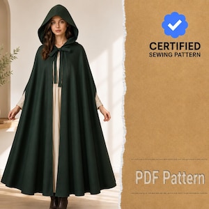 May include: A floor-length dark green hooded cloak with a tie closure at the neck, worn over a light-colored garment. The image includes a brown textured side panel with the text CERTIFIED SEWING PATTERN and PDF Pattern.