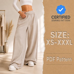May include: Beige wide-leg sweatpants with an elastic waistband and drawstring, paired with a white long-sleeve crop top. The image includes text stating CERTIFIED SEWING PATTERN, SIZE: XS-XXXL, and PDF Pattern with a blue checkmark icon.