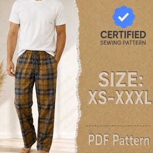 Mönster för herrpyjamasbyxor, pyjamasmönster, pyjamasbyxmönster, sömnadsmönster för män, sömnadsmönster för loungebyxor i pdf-format XS-XXXL