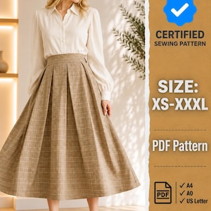 May include: A beige plaid midi skirt with deep box pleats, paired with a long-sleeved white button-down shirt. The text reads: CERTIFIED SEWING PATTERN, SIZE: XS-XXXL, PDF Pattern, A4, A0, US Letter.