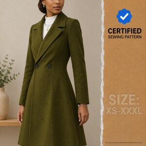 Puede incluir: Un abrigo cruzado de color verde oliva con solapa de muesca, mangas largas y falda acampanada. La imagen incluye un icono de marca de verificación azul con el texto CERTIFIED SEWING PATTERN y el texto SIZE: XS-XXXL y PDF Pattern.