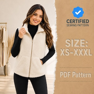 Könnte beinhalten: Eine cremefarbene, ärmellose Fleeceweste mit Stehkragen und zwei Vordertaschen mit Reißverschluss. Das Bild enthält den Text CERTIFIED SEWING PATTERN, SIZE: XS-XXXL und PDF Pattern, was auf ein digitales Schnittmuster hinweist.