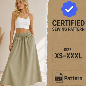 May include: A white crop top and a long olive green skirt with an elastic waistband. The image includes text that reads CERTIFIED SEWING PATTERN, SIZE: XS-XXXL, and PDF Pattern with a blue checkmark icon on a brown background.