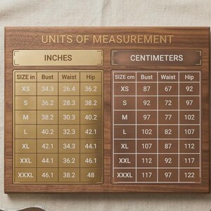 Peut inclure: Un panneau rectangulaire en bois pr&eacute;sentant un tableau &agrave; deux colonnes intitul&eacute; UNITS OF MEASUREMENT. Le c&ocirc;t&eacute; gauche affiche les tailles en pouces pour le buste, la taille et les hanches, tandis que le c&ocirc;t&eacute; droit affiche les mesures en centim&egrave;tres.