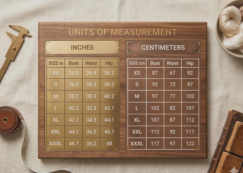 Peut inclure: Un panneau rectangulaire en bois pr&eacute;sentant un tableau &agrave; deux colonnes intitul&eacute; UNITS OF MEASUREMENT. Le c&ocirc;t&eacute; gauche affiche les tailles en pouces pour le buste, la taille et les hanches, tandis que le c&ocirc;t&eacute; droit affiche les mesures en centim&egrave;tres.