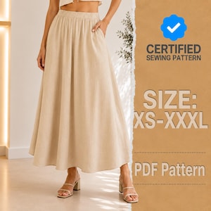 May include: A beige maxi skirt with an elasticized waistband and side pockets. The image includes text: CERTIFIED SEWING PATTERN, SIZE: XS-XXXL, and PDF Pattern. The skirt features a full, flowing silhouette that reaches the ankles.