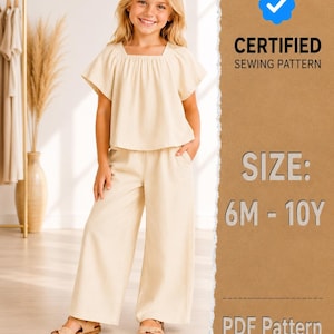 Puede incluir: Un conjunto de dos piezas color crema que consta de una blusa de manga corta con escote cuadrado y pantalones de pierna ancha. La imagen incluye el texto CERTIFIED SEWING PATTERN, SIZE: 6M - 10Y, y PDF Pattern.