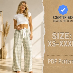 May include: A white short-sleeved crop top and light green and white plaid wide-leg pants with a white drawstring waist. The text reads: CERTIFIED SEWING PATTERN, SIZE: XS-XXXL, PDF Pattern. The garment is shown in a neutral indoor setting.