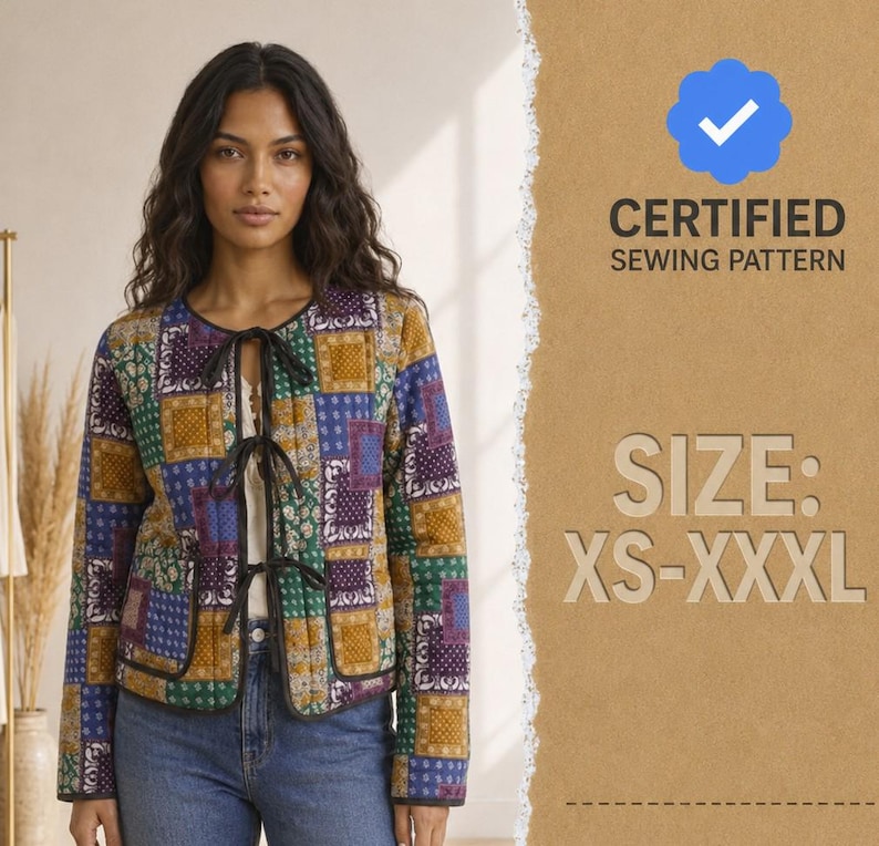 Peut inclure: Une veste matelass&eacute;e avec un motif patchwork multicolore dans des tons de bleu, vert et jaune moutarde. La veste pr&eacute;sente une encolure ronde, des manches longues et trois attaches noires sur le devant. Texte : CERTIFIED SEWING PATTERN SIZE: XS-XXXL.