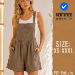May include: A brown overall romper featuring a square neckline, a front chest pocket, two side pockets, and two buttons on the shoulder straps. The text on the right side reads CERTIFIED SEWING PATTERN, SIZE: XS-XXXL, and PDF Pattern.