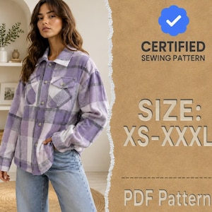 May include: A long-sleeve button-up shirt featuring a purple, white, and gray plaid pattern with two chest pockets. The text on the right reads: CERTIFIED SEWING PATTERN, SIZE: XS-XXXL, PDF Pattern. The shirt is worn with light blue denim jeans.