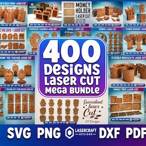 Könnte beinhalten: Eine digitale Sammlung von 400 Lasercut-Designs mit verschiedenen Holzprojekten wie Buchnischen, Geldhaltern, Lehrergeschenken und Wohnkultur. Das Bild zeigt mehrere Vorschaubilder von Laserdateien in den Formaten CDR, SVG, PNG, DXF, PDF und EPS.