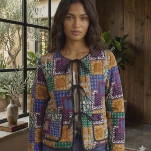 Peut inclure: Une veste matelass&eacute;e pr&eacute;sentant un motif patchwork color&eacute; de motifs cachemire et floraux dans des tons de violet, vert, or et bleu. La veste poss&egrave;de une encolure ronde, des manches longues, deux poches avant et trois attaches &agrave; ruban noir.