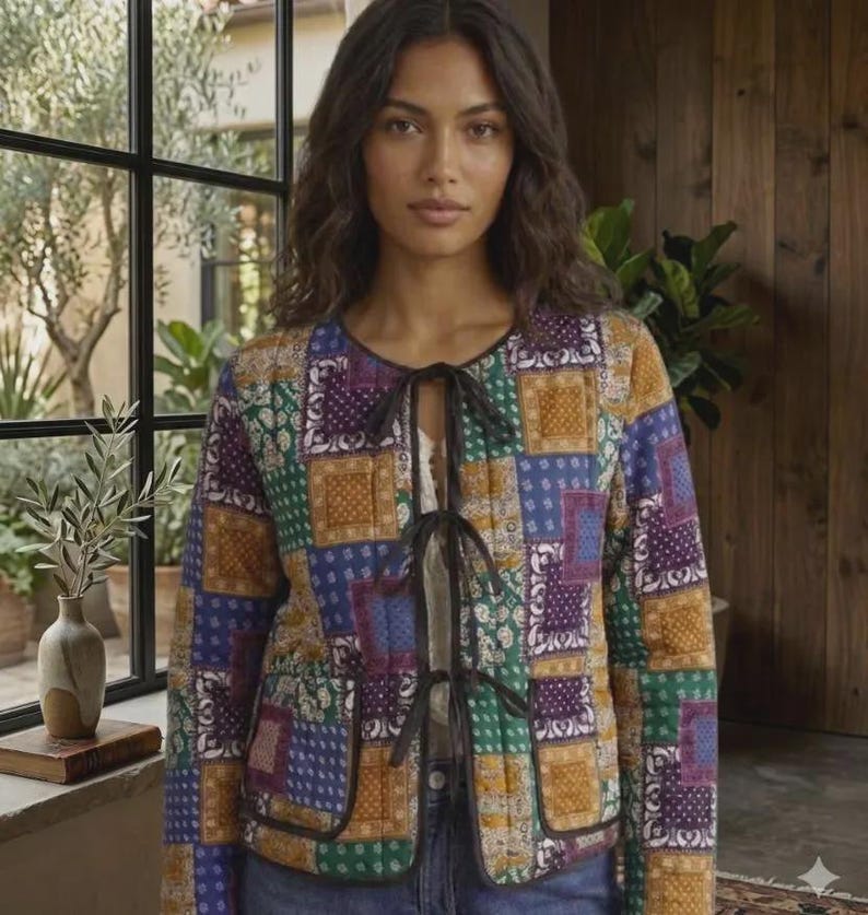 Peut inclure: Une veste matelass&eacute;e pr&eacute;sentant un motif patchwork color&eacute; de motifs cachemire et floraux dans des tons de violet, vert, or et bleu. La veste poss&egrave;de une encolure ronde, des manches longues, deux poches avant et trois attaches &agrave; ruban noir.