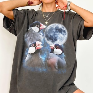 Könnte beinhalten: Ein anthrazitfarbenes Kurzarm-T-Shirt mit einem Grafikdruck von drei Reisamadinen mit weißen Wangen und dunklen Köpfen, die unter einem großen, detaillierten Vollmond vor einem blauen, sternenklaren, nebelartigen Hintergrund abgebildet sind.