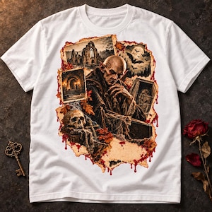 Puede incluir: Una camiseta blanca de manga corta con un estampado gráfico de una figura de vampiro calva, una calavera, un ataúd y ruinas góticas. El diseño está enmarcado por hojas de otoño y detalles rojos que gotean, creando un efecto de collage.