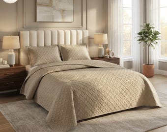 3 Piece Embossed Diamond Check Bedspread Set: Soft Polyester Comforter, Bedroom Decor