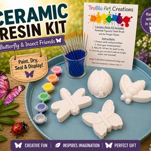 May include: A ceramic resin kit featuring unpainted white insect figures including a ladybug, dragonfly, bee, and butterfly. The set includes a glass cup with blue paint brushes, a strip of six acrylic paint pots, and an instructional card.