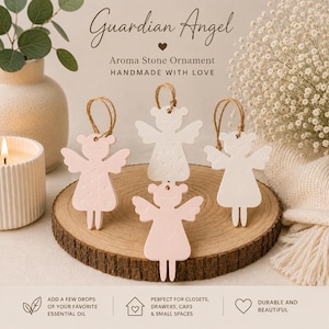 May include: Four angel-shaped aroma stone ornaments with jute twine loops. Two are pale pink, and two are white. The ornaments feature embossed star and heart patterns. Text on the image reads: Guardian Angel, Aroma Stone Ornament, HANDMADE WITH LOVE.