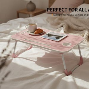 Pink Foldable Laptop Table: Bed Desk with Cup Holder, Tablet Slot, Handle