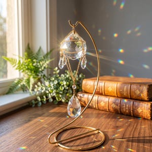 Crystal Sun Catcher with Metal Sphere Holder | Handcrafted Hanging Gold Crystal Prism | Sun Window Hanger | Aura Rainbow | Bridesmaid Gift