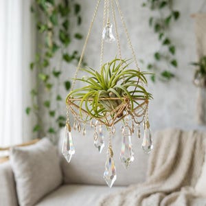 May include: A gold-toned geometric metal hanging planter containing a green air plant. The structure is suspended by gold chains and features multiple clear, faceted crystal prisms hanging from the base, with a small crystal moon charm at the top.