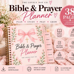 May include: A spiral-bound Bible & Prayer Planner with a pink cover featuring a large pink bow, a gold cross, and floral accents. The cover text reads The Lovely Day Co. Bible & Prayer Planner. It includes 38 pages, US letter size 8.5 x 11 inches.