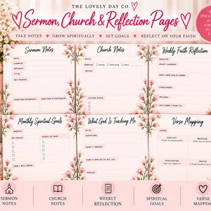 May include: A set of six printable sermon, church, and reflection pages featuring a light pink background with pink floral accents. Each page includes structured fields for notes, goals, and scripture, with headings like Sermon Notes and Verse Mapping.
