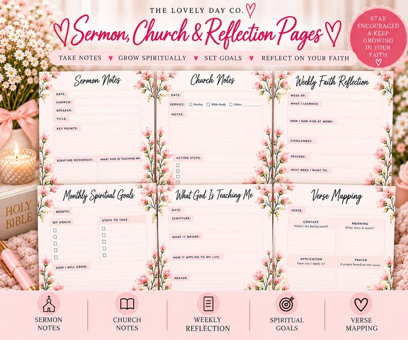 May include: A set of six printable sermon, church, and reflection pages featuring a light pink background with pink floral accents. Each page includes structured fields for notes, goals, and scripture, with headings like Sermon Notes and Verse Mapping.
