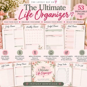 May include: A digital printable life organizer set featuring 53 pages including a daily planner, monthly planner, budget planner, meal planner, habit tracker, cleaning planner, savings tracker, and to-do list with floral accents and pink text.
