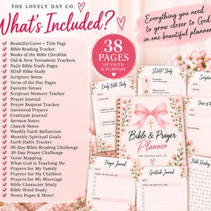 May include: A 38-page Bible and Prayer Planner set with a pink floral cover featuring a bow and cross. Includes a list of contents such as Bible reading trackers, SOAP study pages, prayer journals, sermon notes, and gratitude logs in a pink theme.