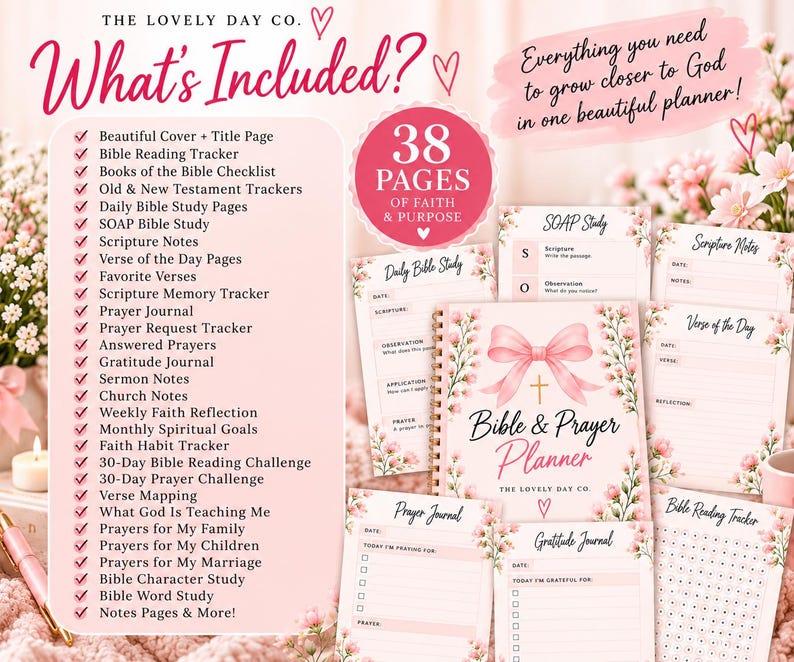 May include: A 38-page Bible and Prayer Planner set with a pink floral cover featuring a bow and cross. Includes a list of contents such as Bible reading trackers, SOAP study pages, prayer journals, sermon notes, and gratitude logs in a pink theme.