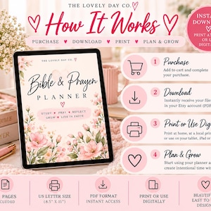 May include: A digital Bible and Prayer Planner displayed on a tablet screen, featuring pink floral illustrations and text. The graphic outlines a four-step process: purchase, download, print or use digitally, and plan and grow, with 38 pages included.