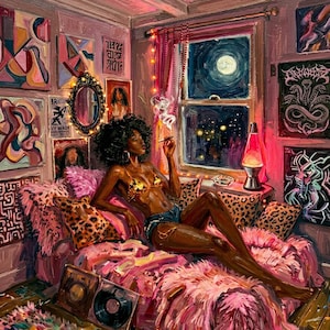 May include: An oil painting depicting a person with dark skin and curly hair lounging on a pink faux fur bed. The room is filled with colorful abstract art, vinyl records, a lava lamp, and a window showing a full moon in a dark night sky.