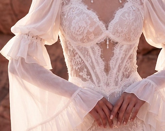 Abito da sposa boho in chiffon con pizzo, abito da sposa moderno, schiena scoperta, abito da sposa romantico di alta qualità, matrimoni all'aperto, abito a collo alto