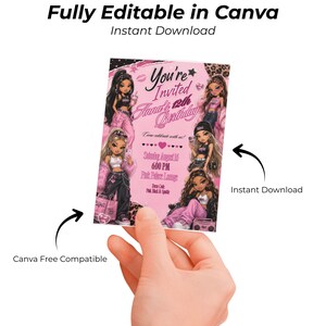 May include: A rectangular birthday invitation card featuring a pink and black color scheme with illustrations of four stylized characters. The text reads: You're Invited, Anna's 12th Birthday, Come celebrate with us!, Saturday August 16, 6:00 PM, Pink Palace Lounge, Dress Code Pink, Black & Sparkle.