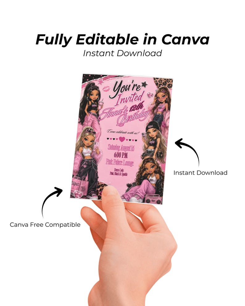 May include: A rectangular birthday invitation card featuring a pink and black color scheme with illustrations of four stylized characters. The text reads: You're Invited, Anna's 12th Birthday, Come celebrate with us!, Saturday August 16, 6:00 PM, Pink Palace Lounge, Dress Code Pink, Black & Sparkle.