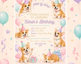 Corgi Birthday Invitation Template, Puppy Party, Kids Pastel Canva Invite