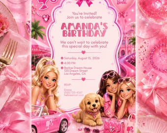 Pink Doll Birthday Invitation, Pink Party Invite Template, Editable Canva, Girls Birthday, Instant Download