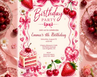 Cherry Birthday Invitation Template, Berry Sweet Party Invite, Editable Canva Invitation