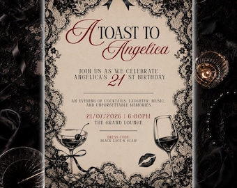 Cocktail Birthday Invitation, Black Lace Invite, Elegant 21st Party, Instant Download