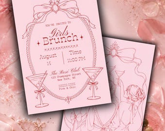 Girls Brunch Invitation Template, Pink Red Coquette Cocktail Party Invite, Editable Canva Invitation