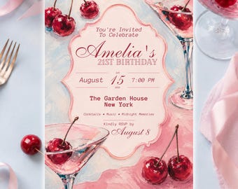 Cherry Cocktail Birthday Invitation, Pink Blue Birthday Party Invite, Editable Canva Template, Instant Download